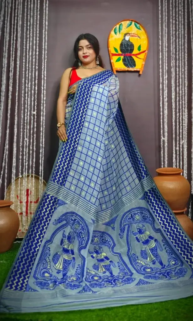 Blue Cotton Bengali Taat Saree