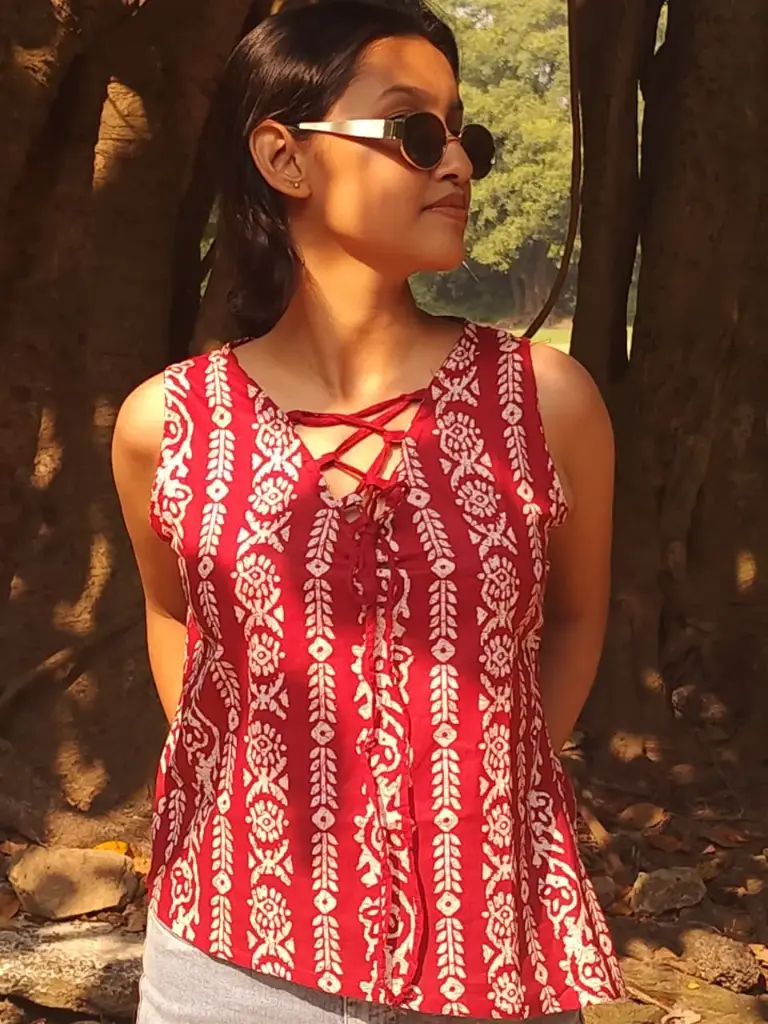 Gulnaar Handblocked lace-up cotton top 