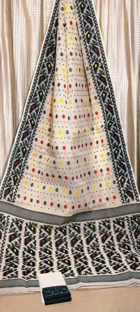 Black And White Cotton Bengali Taat Saree