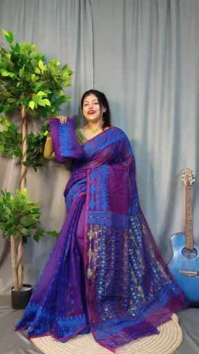 Blue And Purple Cotton Bengali Taat Saree