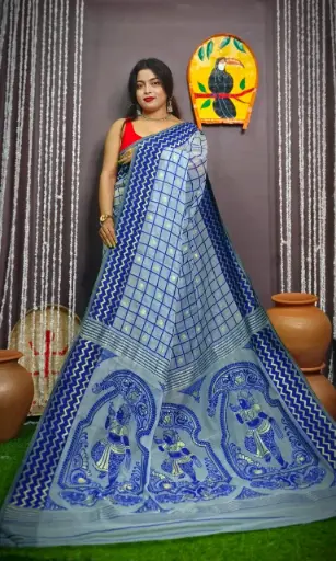 Blue Cotton Bengali Taat Saree