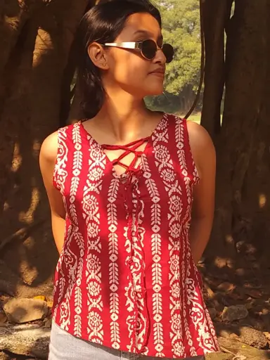 Gulnaar Handblocked lace-up cotton top 